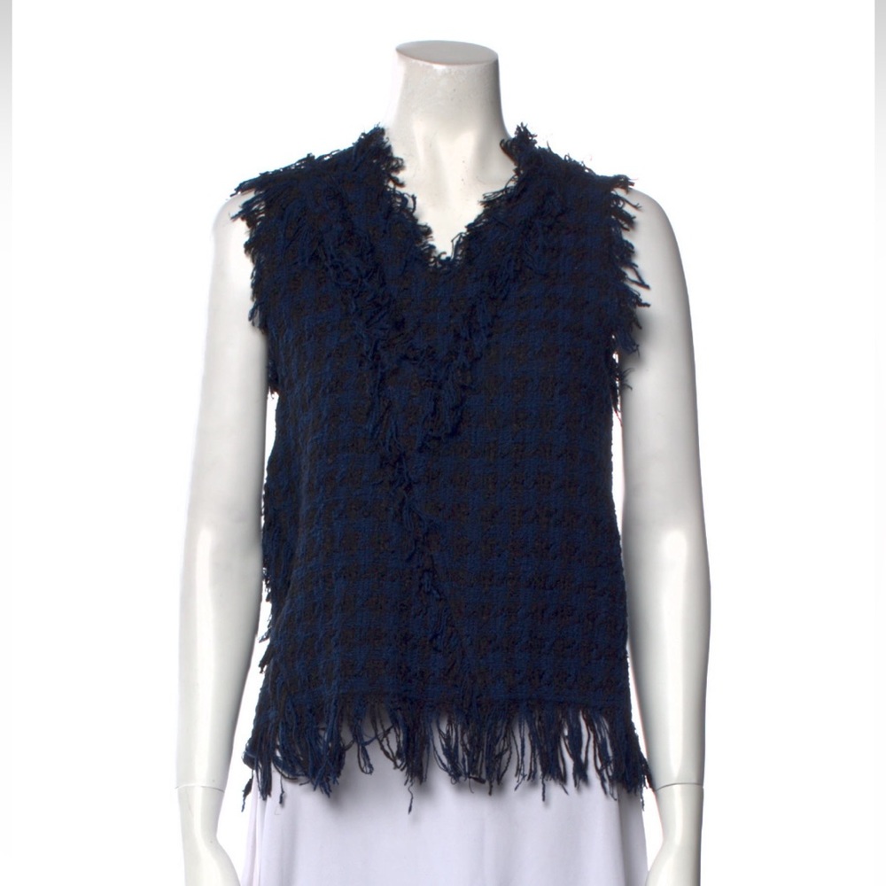 MSGM Womens Woven Fringe Sleeveless Top Blouse Black Blue V neck Chanel tweed